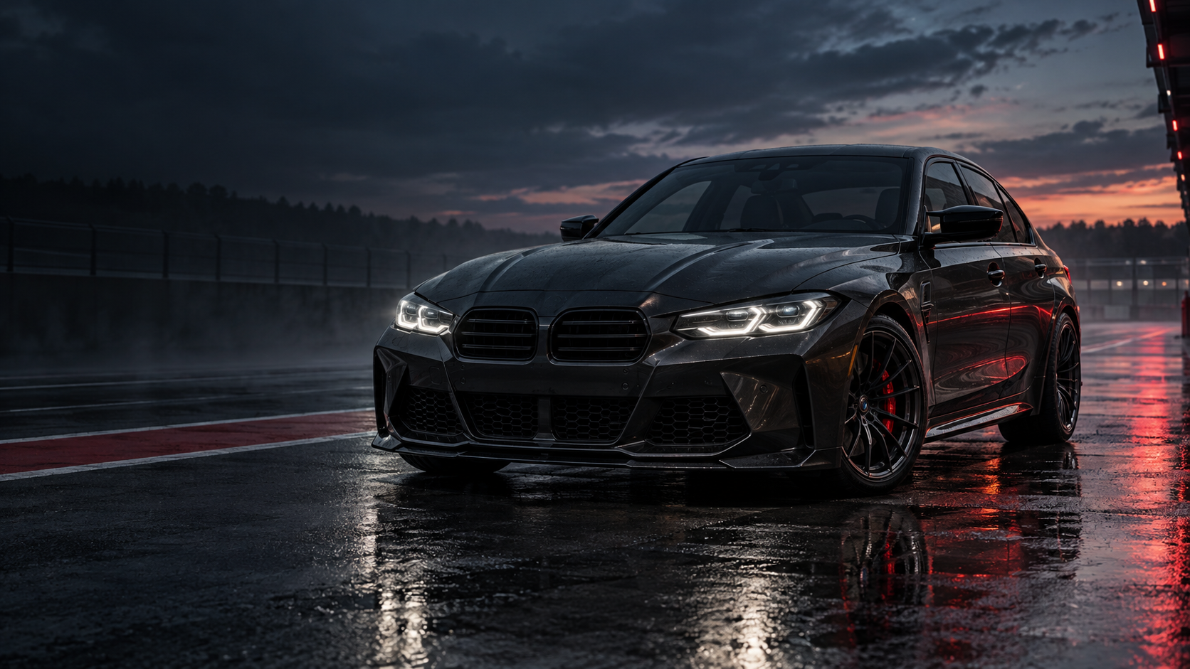Endura campaign concept: graphite performance sedan on a wet pit lane