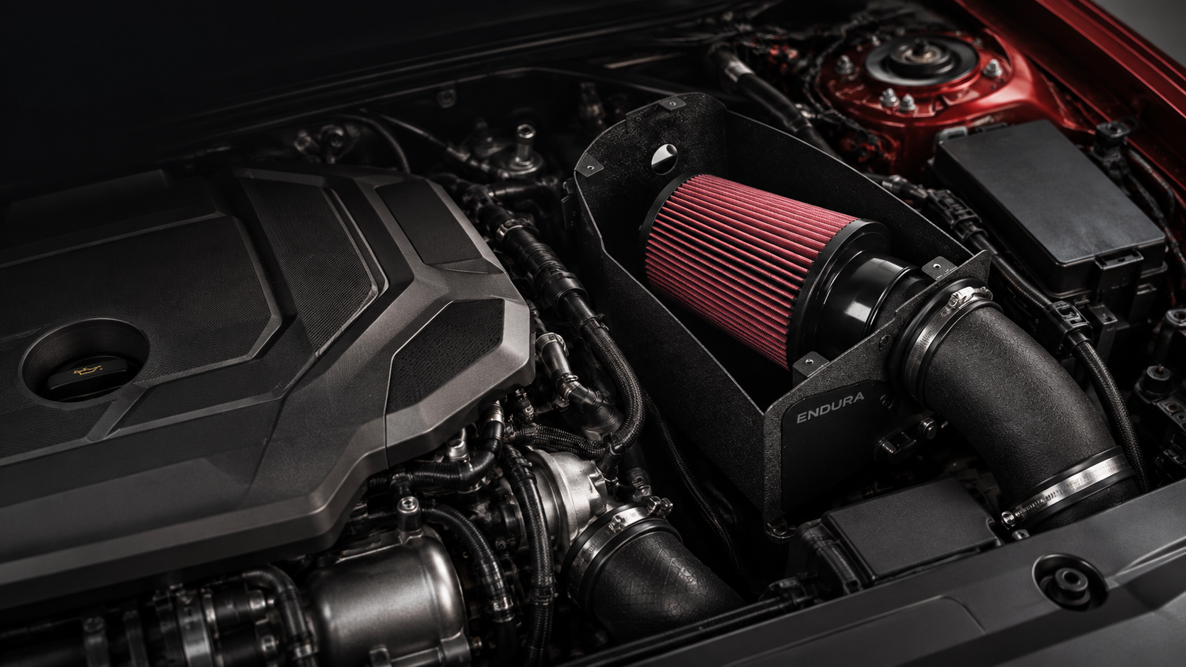 Illustrative engine-bay concept featuring an Endura-style intake; not a verified installation