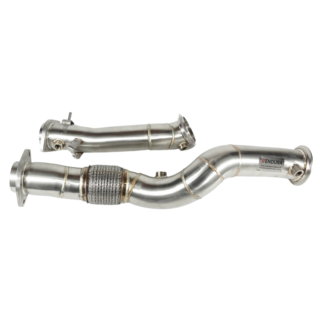 Endura downpipe photographed up close, showing welds, flanges and flexible section