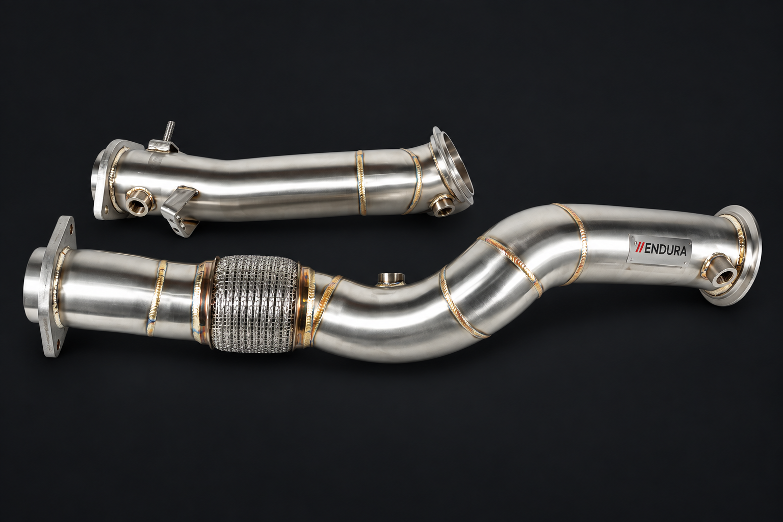 Endura BMW S58 downpipes — studio presentation